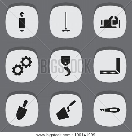 Set Of 9 Editable Apparatus Icons. Includes Symbols Such As Trowel, Knife Box, Rake And More. Can Be Used For Web, Mobile, UI And Infographic Design.