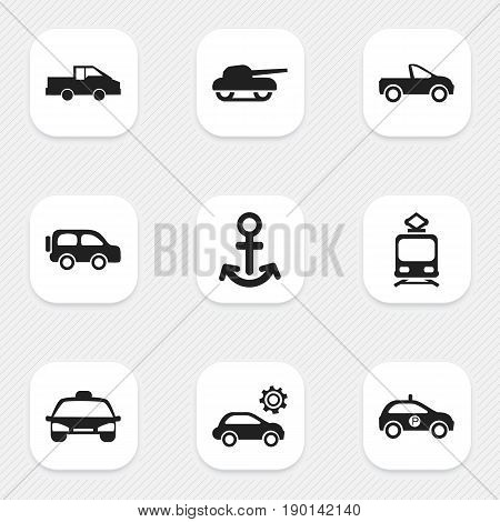 Set Of 9 Editable Shipment Icons. Includes Symbols Such As Travel Pickup, Taxi, Drophead Coupe And More. Can Be Used For Web, Mobile, UI And Infographic Design.