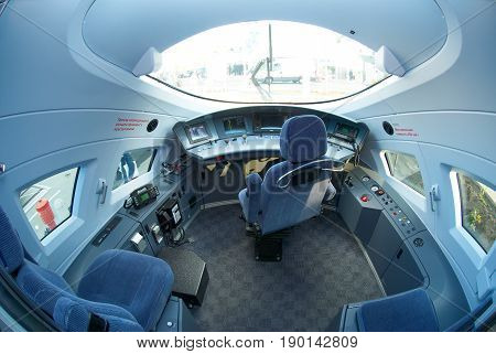 MOSCOW, SEP,18, 2011, Exhibition EXPO1520: Modern new generation high speed passenger train cabin interior, driver desk console, chairs seats. Event organizer: Business Dialogue. Train cabin inside