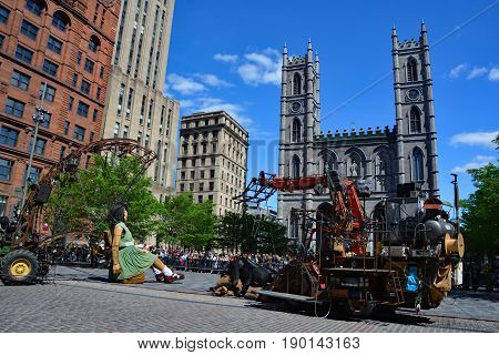 MONTREAL QUEBEC CANADA 19 05 17: The little giant girl walking in the street of Montreal for the 375e anniversary of the city, by Royal De Luxe company Nantes France
