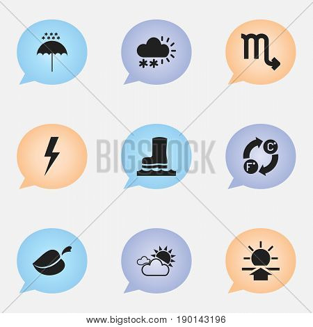 Set Of 9 Editable  Icons. Includes Symbols Such As Snow Granule, Sunup, Plant And More. Can Be Used For Web, Mobile, UI And Infographic Design.