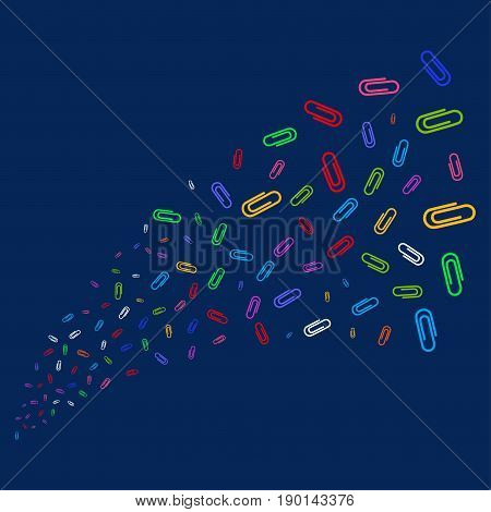 Source of paperclip icons. Vector illustration style is flat bright multicolored paperclip iconic symbols on a blue background. Object stream combined from scattered symbols.