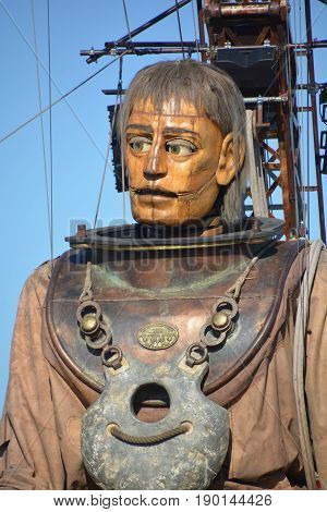 MONTREAL QUEBEC CANADA 19 05 17: The giant deep-sea diver in the street of Montreal for the 375e anniversary of the city, by Royal De Luxe company Nantes France