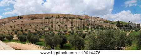 Panorama Kidronin laaksoon ja Jerusalemin Temppelivuorelle