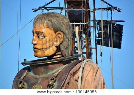 MONTREAL QUEBEC CANADA 19 05 17: The giant deep-sea diver sleeping in the street of Montreal for the 375e anniversary of the city, by Royal De Luxe company Nantes France