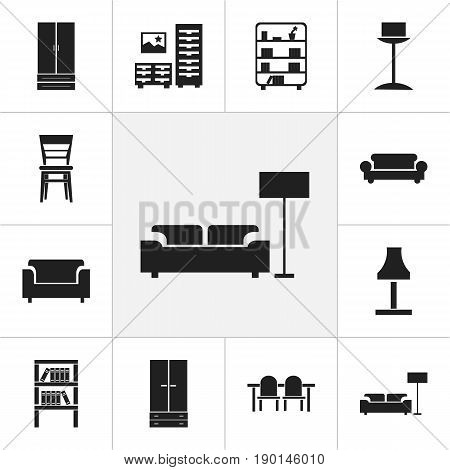 Set Of 12 Editable Interior Icons. Includes Symbols Such As Cabinet, Bookrack, Lamp And More. Can Be Used For Web, Mobile, UI And Infographic Design.