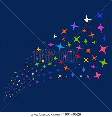 Source of space star icons. Vector illustration style is flat bright multicolored space star iconic symbols on a blue background. Object source done from scattered symbols.