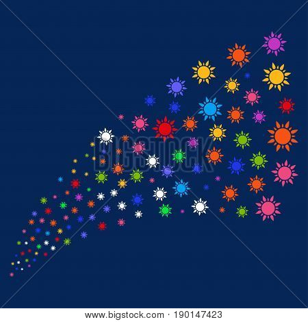 Source of sun icons. Vector illustration style is flat bright multicolored sun iconic symbols on a blue background. Object stream constructed from scattered symbols.