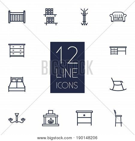 Set Of 12 Set Outline Icons Set.Collection Of Nightstand, Hanger, Desk Elements.