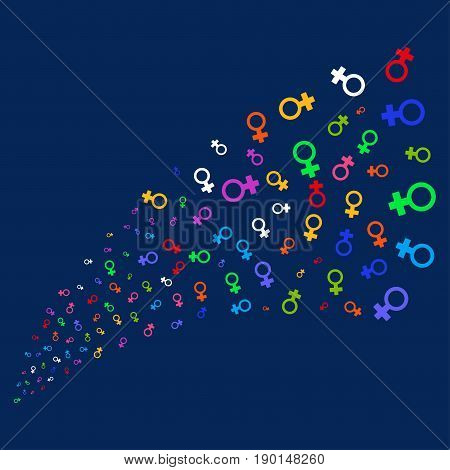 Fountain of venus symbol symbols. Vector illustration style is flat bright multicolored venus symbol iconic symbols on a blue background. Object fountain constructed from random design elements.