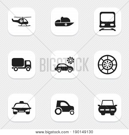 Set Of 9 Editable Shipment Icons. Includes Symbols Such As Taxi, Part Of Car, Helicopter And More. Can Be Used For Web, Mobile, UI And Infographic Design.