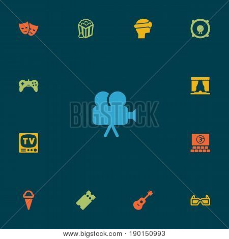 Set Of 13 Pleasure Icons Set.Collection Of Theater, Hall, Spectacles And Other Elements.