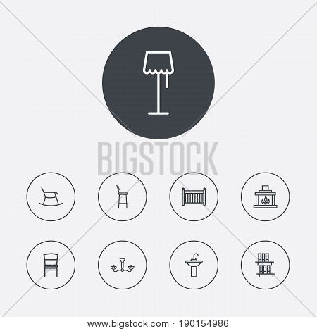 Set Of 9 Situation Outline Icons Set.Collection Of Chandelier, Bookshelf, Moving Chair Elements.