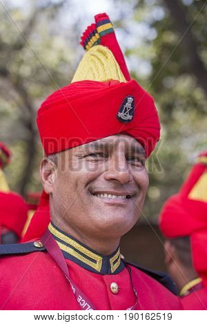 NEW DELHI INDIA - JANUARY 23 2017 : Soldiers take part in rehearsal activities for the upcoming India Republic Day parade which will be held January 26 at Jawaharlal Nehru stadium
