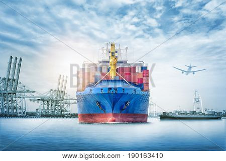 Logistics and transportation of International Container Cargo ship and cargo plane in the ocean at twilight sky Freight Transportation Shipping