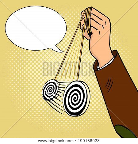 Hand of hypnotist with pendulum pop art style vector illustration. Comic book style imitation.
