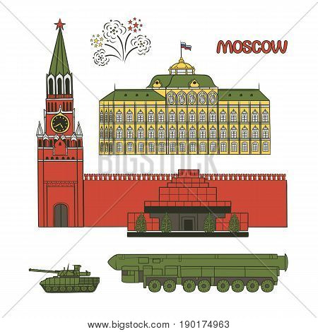 Vector set of flat illustrations of the historical attractions of Moscow, Russia. Modern weapons in the victory parade and architectural monuments. Place for tourists during the journey