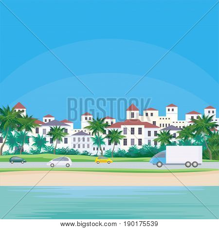 The image of a coastal town. The road along the sea. Beautiful summer landscape. Vector background.