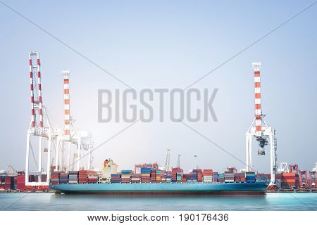 Logistics import export background of Container Cargo ship in seaport on blue sky Freight Transportation