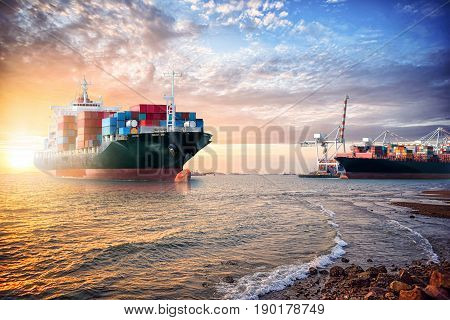 Logistics import export background of Container Cargo ship in the ocean at sunset sky Freight Transportation