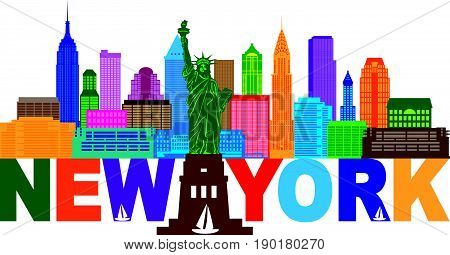 New York City Skyline with Statue of Liberty and text color Outline vector  Illustration