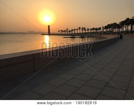Sunset in the MIA (Museum of Islamic Art) Park, located on one end of the seven kilometers long Corniche in the Qatari capital, Doha.
