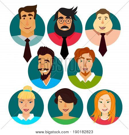 Avatars set of business men and women in a sircle. Vector illustration. Cartoon character set for web.