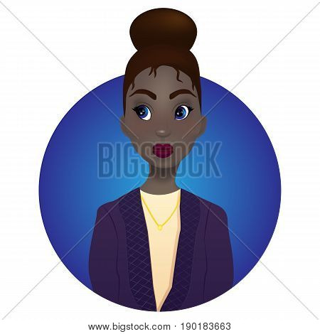 Bright vector illustration. Beautiful dark-skinned girl with big blue eyes red lips