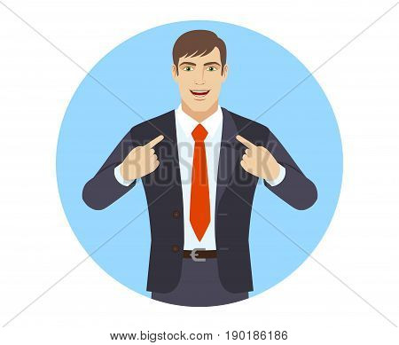 Self-promotion. Businessman pointing at himself. Portrait of businessman character in a flat style. Vector illustration.
