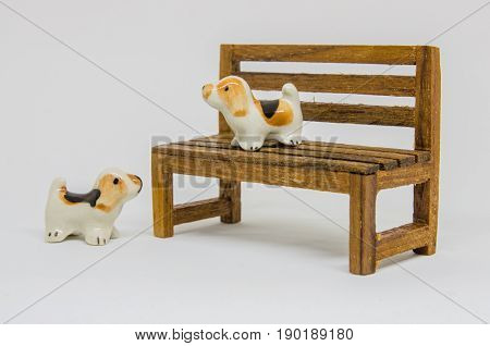 Dogs Ceramic on Wood Chair Natural Decoration Design Vintage Isolated