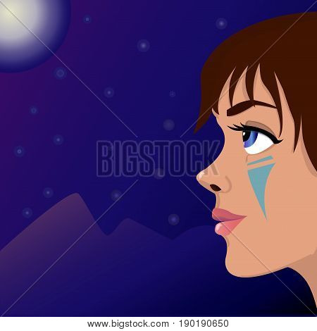Beautiful vector illustration. Girl moon and mountains