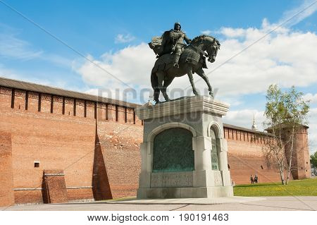 Monument To Dmitry Donskoy Near Marinkina Tower Of Kremlin In Sunny Spring Day In Kolomna Moscow Region.