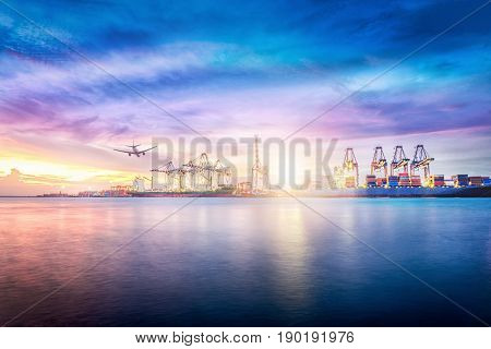 Logistics and transportation of International Container Cargo ship in the ocean at twilight sky Freight Transportation Shipping