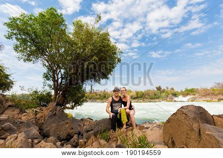 Tourists On Khone Phapheng Waterfall