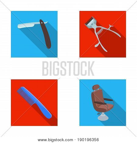 A razor, a mechanical hair clipper, an armchair and other equipment for a hairdresser.Barbershop set collection icons in flat style vector symbol stock illustration .