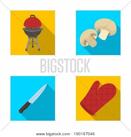 Barbeque grill, champignons, knife, barbecue mitten.BBQ set collection icons in flat style vector symbol stock illustration .