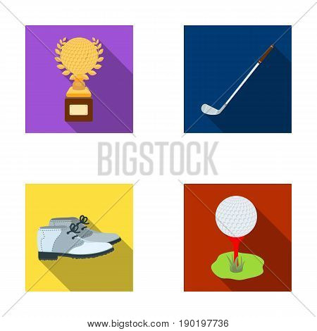 Cup, golf club, ball on the stand, golfer shoes.Golf club set collection icons in flat style vector symbol stock illustration .