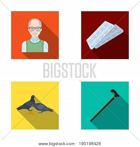 Elderly men, tablets, pigeons, walking cane.Old age set collection icons in flat style vector symbol stock illustration .