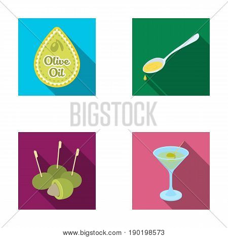 Label of olive oil, spoon with a drop, olives on sticks, a glass of alcohol. Olives set collection icons in flat style vector symbol stock illustration .