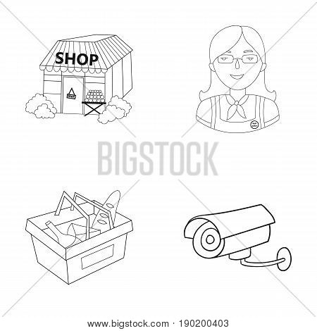 Salesman, woman, basket, plastic .Supermarket set collection icons in outline style vector symbol stock illustration .