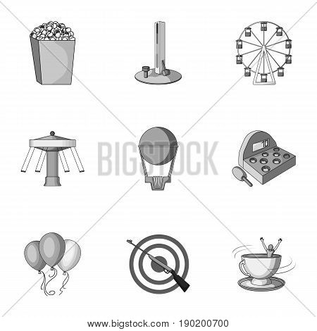 The amusement Park rides. The attributes of a recreational Park, panic room, cotton candy.Amusement Park icon in set collection on monochrome style vector symbol stock  illustration.