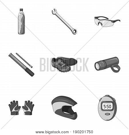 Icons of Cycling, bike. Set for bike, backpack protection, repair, form. Cyclist outfit icon in set collection on monochrome style vector symbol stock  illustration.