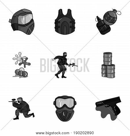 A collection of pictures about the game in paintball. The balloons with paint.Paintball icon in set collection on monochrome style vector symbol stock  illustration.