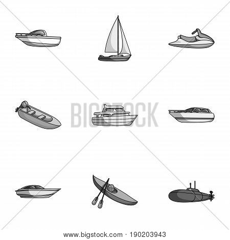 Sea transport, boats, ships. To transport people, thunderstorms. Ship and water transport icon in set collection on monochrome style vector symbol stock  illustration.