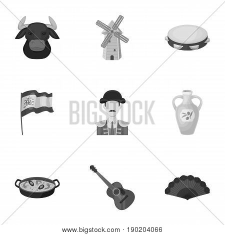 A set of pictures about Spain. Sights of Spain, gypsies, guitar, dances.Spain country icon in set collection on monochrome style vector symbol stock  illustration.