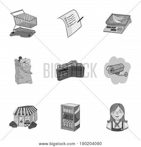 Supermarket, shopping in the store. A selection of pictures on the topic of shopping.Supermarket icon in set collection on monochrome style vector symbol stock  illustration.