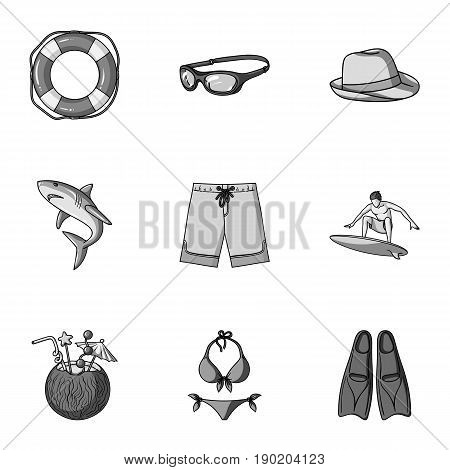 A collection of pictures on the theme of the beach, the sea, surfing. Rescuers of the beach.Surfing icon in set collection on monochrome style vector symbol stock  illustration.