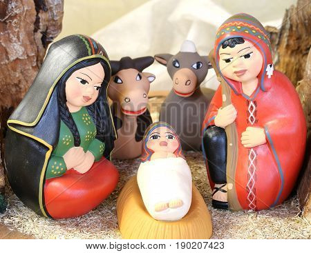 Peruvian Holy Family With South America Dressed With Two Animals