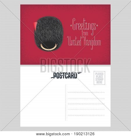 Postcard with greetings from United Kingdom England with beefeater guard's hat vector illustration
