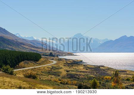 Beautiful scenery of Lake Pukaki at Peter's lookout Mount Cook Road South Island of New Zealand